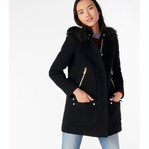 J. Crew Jackets & Blazers - J. Crew Stadium Wool Chateau Parka Coat Black Hooded Faux Fur Trim Size 00 NEW